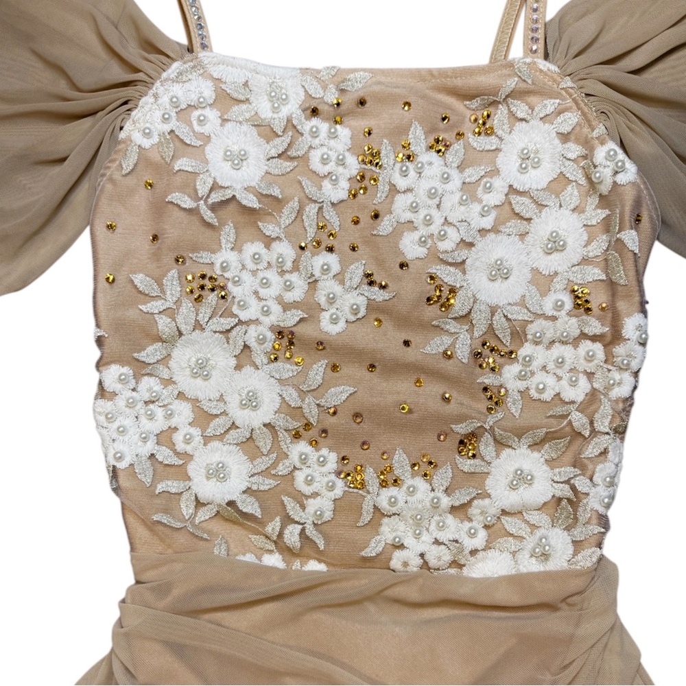 Glamour Dancewear | Tan Lyrical Dance Costume Dress with Floral Accent, Size SA - Picture 4 of 5